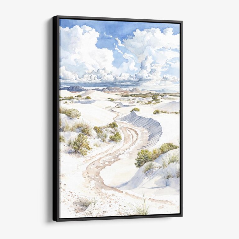 01 - Framed White Sands National Park Watercolor Canvas Print - Vertical - Main.jpg