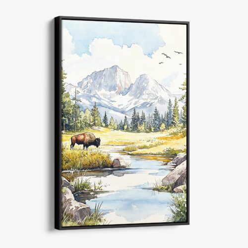01 - Framed Yellowstone Bison - Watercolor Canvas Print - Vertical - Main.jpg