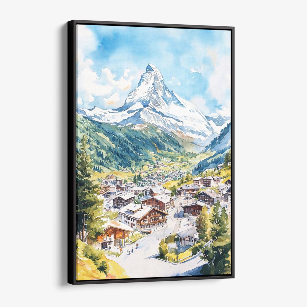 01 - Framed Zermatt Switzerland Watercolor Canvas Print - Vertical - Main.jpg