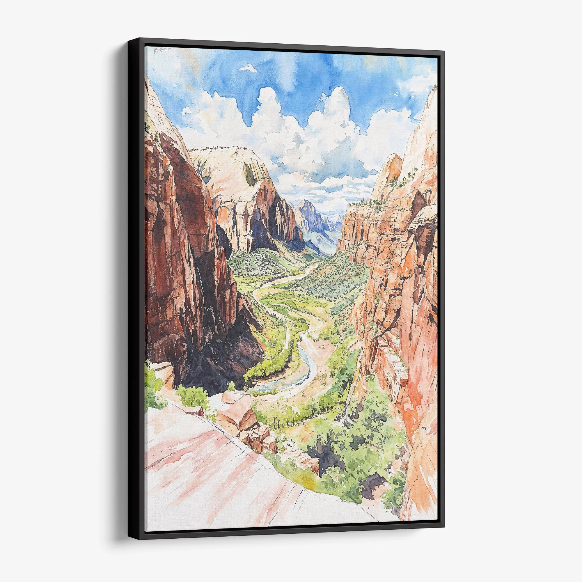 Zion Canyon Watercolor Canvas Print – Scenic Landscape Wall Art