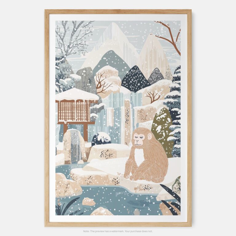 01 - Japanese Macaque in Outdoor Onsen Winter Landscape Illustration Art Print - Main - Vertical.jpg