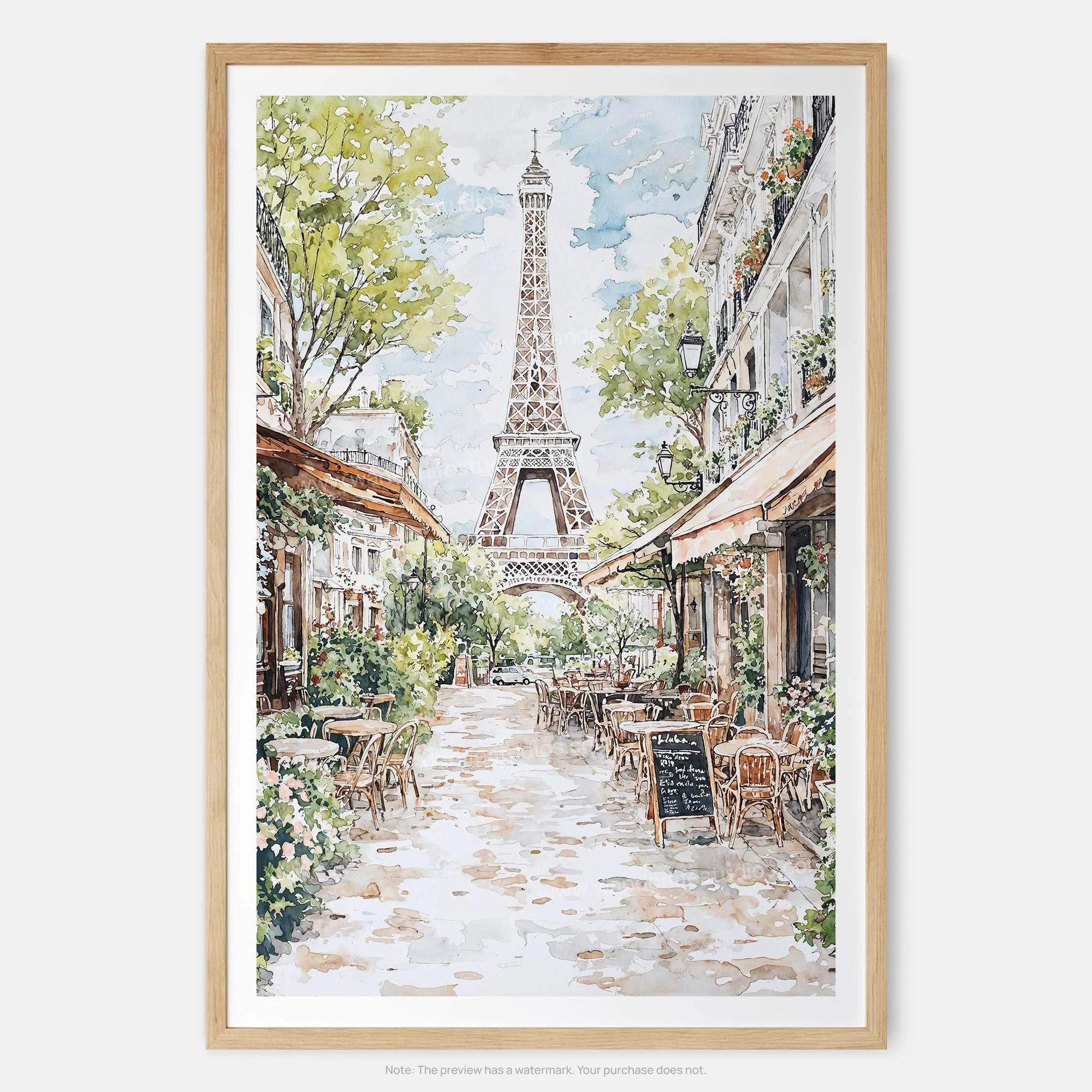 Eiffel Tower Paris Cafe Watercolor Art Print – Charming Cafe Street with View on Landmark