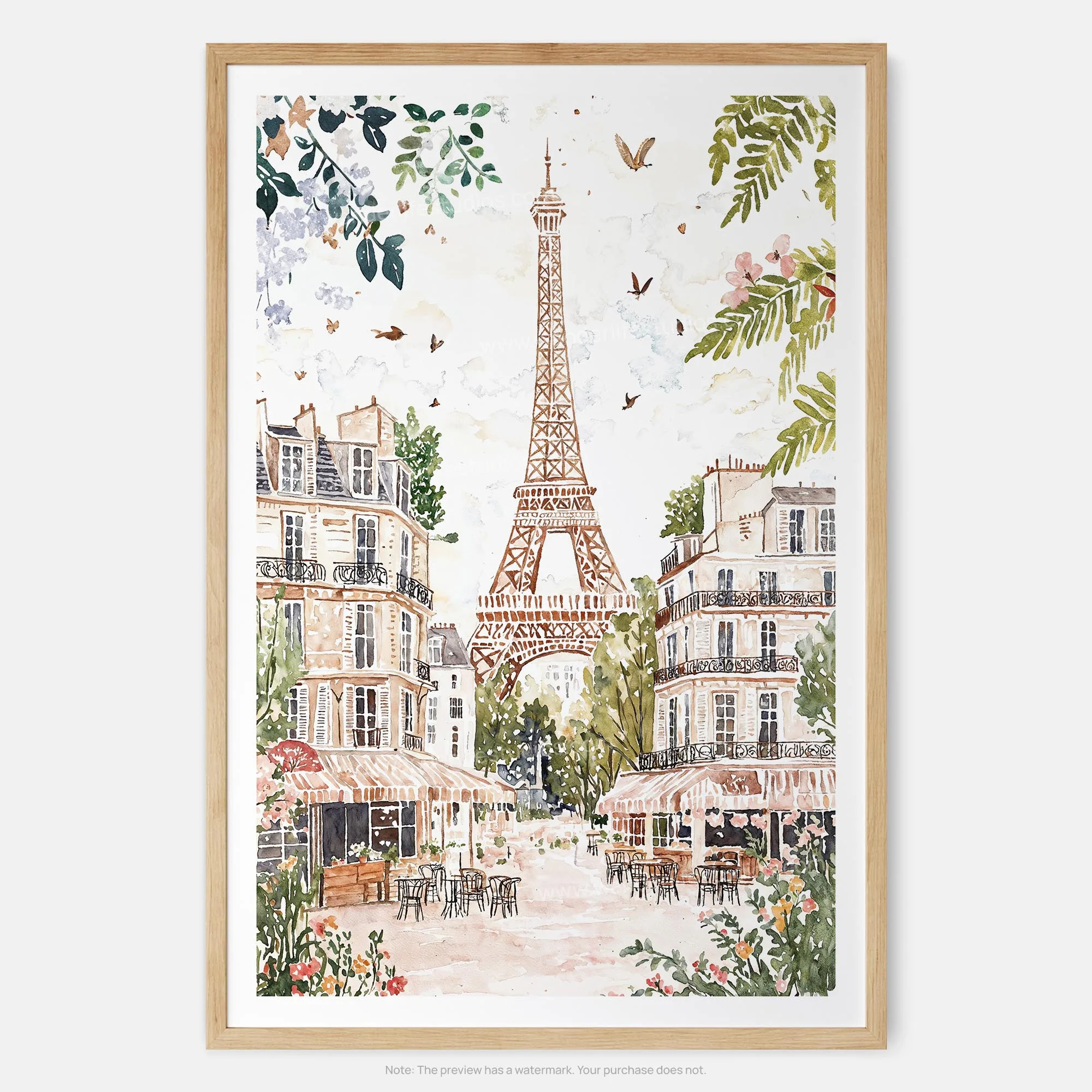 Paris Eiffel Tower Watercolor Art Print – Charming French Street Scene Wall Art