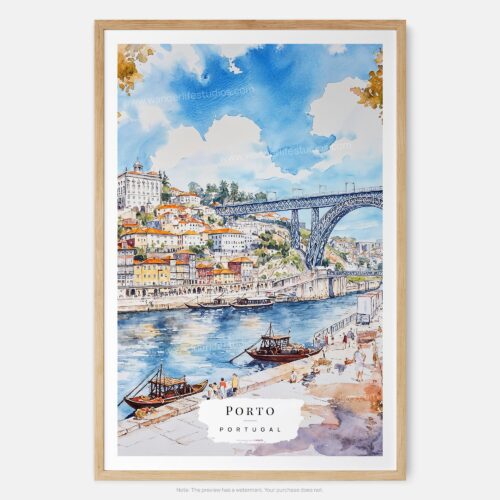 01 - Porto Ribeira with Dom Luis Bridge Watercolor Art Print - Main - Vertical.jpg