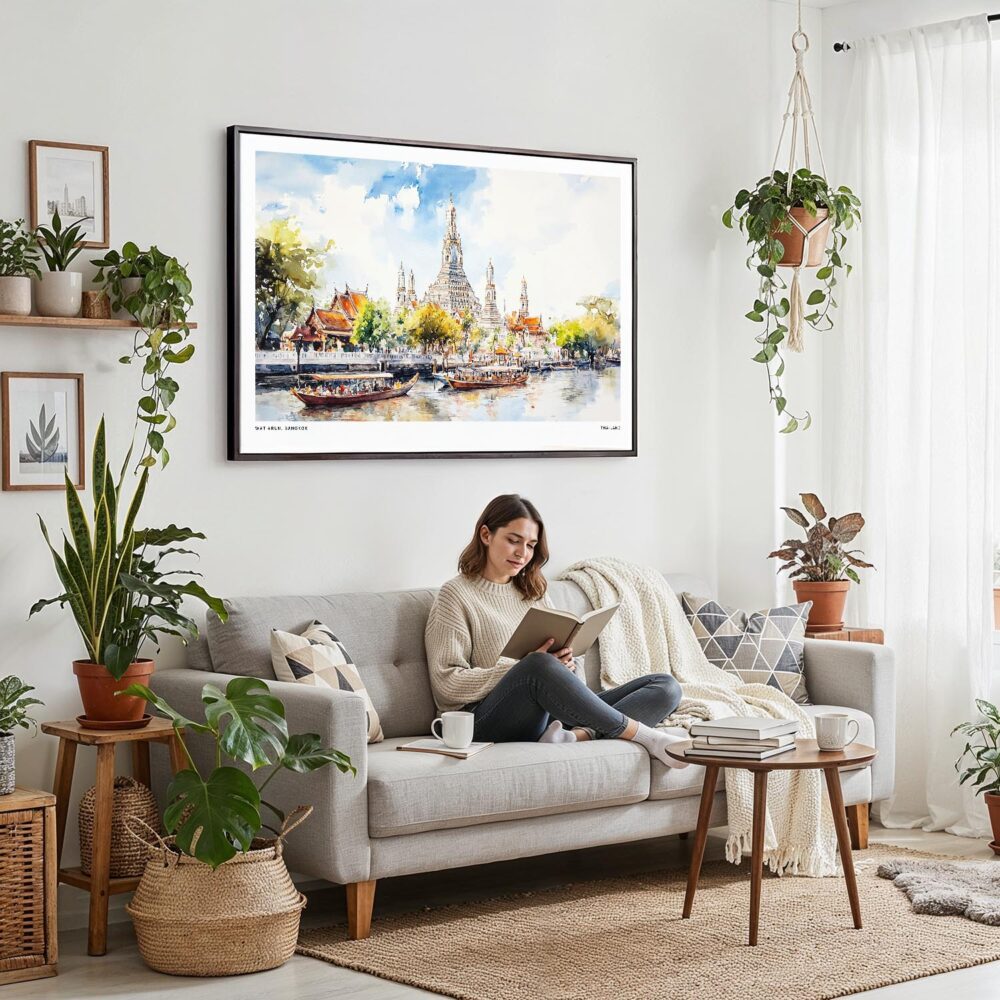 02 - 02 - Framed Bangkok Wat Arun Temple of Dawn Watercolor - Horizontal Canvas Print - Boho Living Room with Woman reading.jpg 02 - 02 - Framed Bangkok Wat Arun Temple of Dawn Watercolor - Horizontal Canvas Print - Boho Living Room with Woman reading.jpg