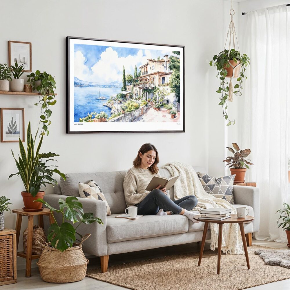 02 - 02 - Framed House by Lake Garda Watercolor - Horizontal Canvas Print - Boho Living Room with Woman reading.jpg 02 - 02 - Framed House by Lake Garda Watercolor - Horizontal Canvas Print - Boho Living Room with Woman reading.jpg