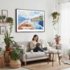 02 - 02 - Framed Lake Como Watercolor - Horizontal Canvas Print - Boho Living Room with Woman reading.jpg