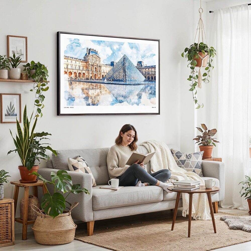 02 - 02 - Framed Louvre Watercolor - Horizontal Canvas Print - Boho Living Room with Woman reading.jpg 02 - 02 - Framed Louvre Watercolor - Horizontal Canvas Print - Boho Living Room with Woman reading.jpg