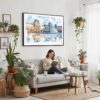 02 - 02 - Framed Louvre Watercolor - Horizontal Canvas Print - Boho Living Room with Woman reading.jpg