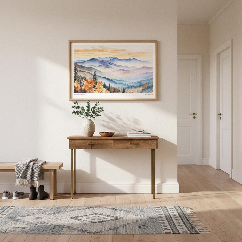 02 - A Framed Blue Ridge Mountains Watercolor - Horizontal Art Print hanging in Hallway.jpg 02 - A Framed Blue Ridge Mountains Watercolor - Horizontal Art Print hanging in Hallway.jpg