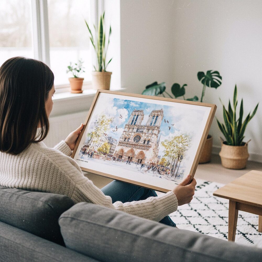 02 - A Woman Holding A Framed Notre Dame Watercolor - Horizontal Art Print.jpg 02 - A Woman Holding A Framed Notre Dame Watercolor - Horizontal Art Print.jpg
