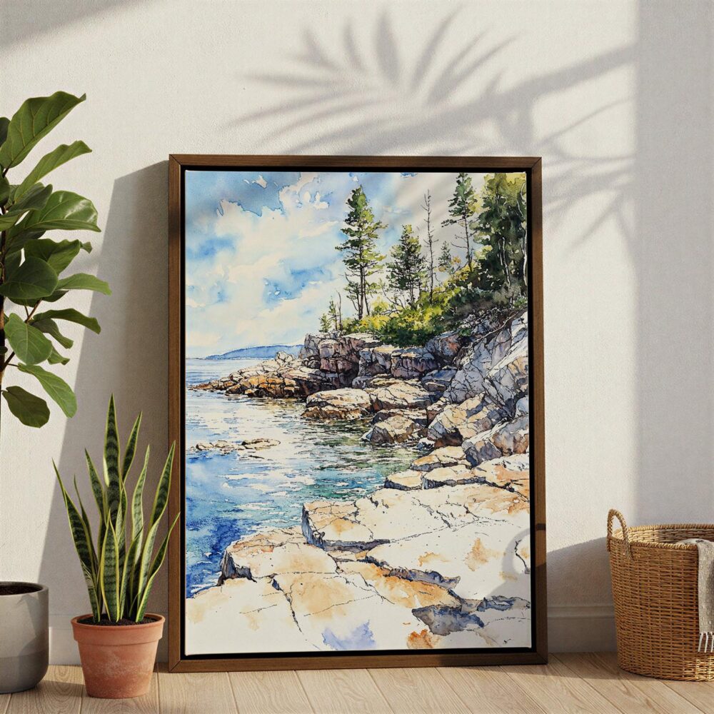 02 - Acadia National Park Watercolor Canvas Print with Brown Floater Frame - Standing on Floor - Vertical.jpg 02 - Acadia National Park Watercolor Canvas Print with Brown Floater Frame - Standing on Floor - Vertical.jpg