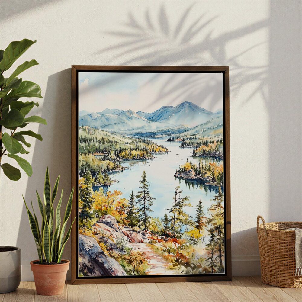 02 - Adirondack Mountains Watercolor Canvas Print with Brown Floater Frame - Standing on Floor - Vertical.jpg 02 - Adirondack Mountains Watercolor Canvas Print with Brown Floater Frame - Standing on Floor - Vertical.jpg