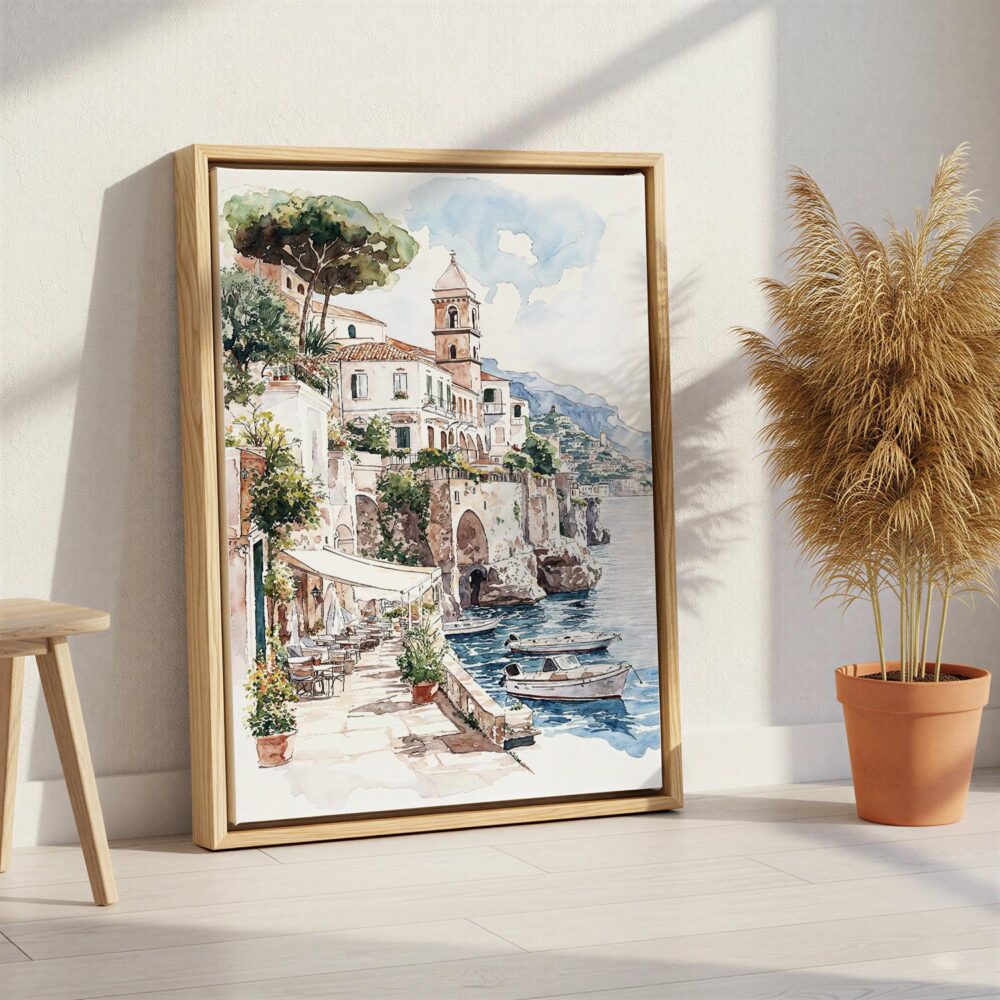 02 - Amalfi - Watercolor Canvas Print with Natural Floater Frame - Standing on Floor - Vertical.jpg 02 - Amalfi - Watercolor Canvas Print with Natural Floater Frame - Standing on Floor - Vertical.jpg