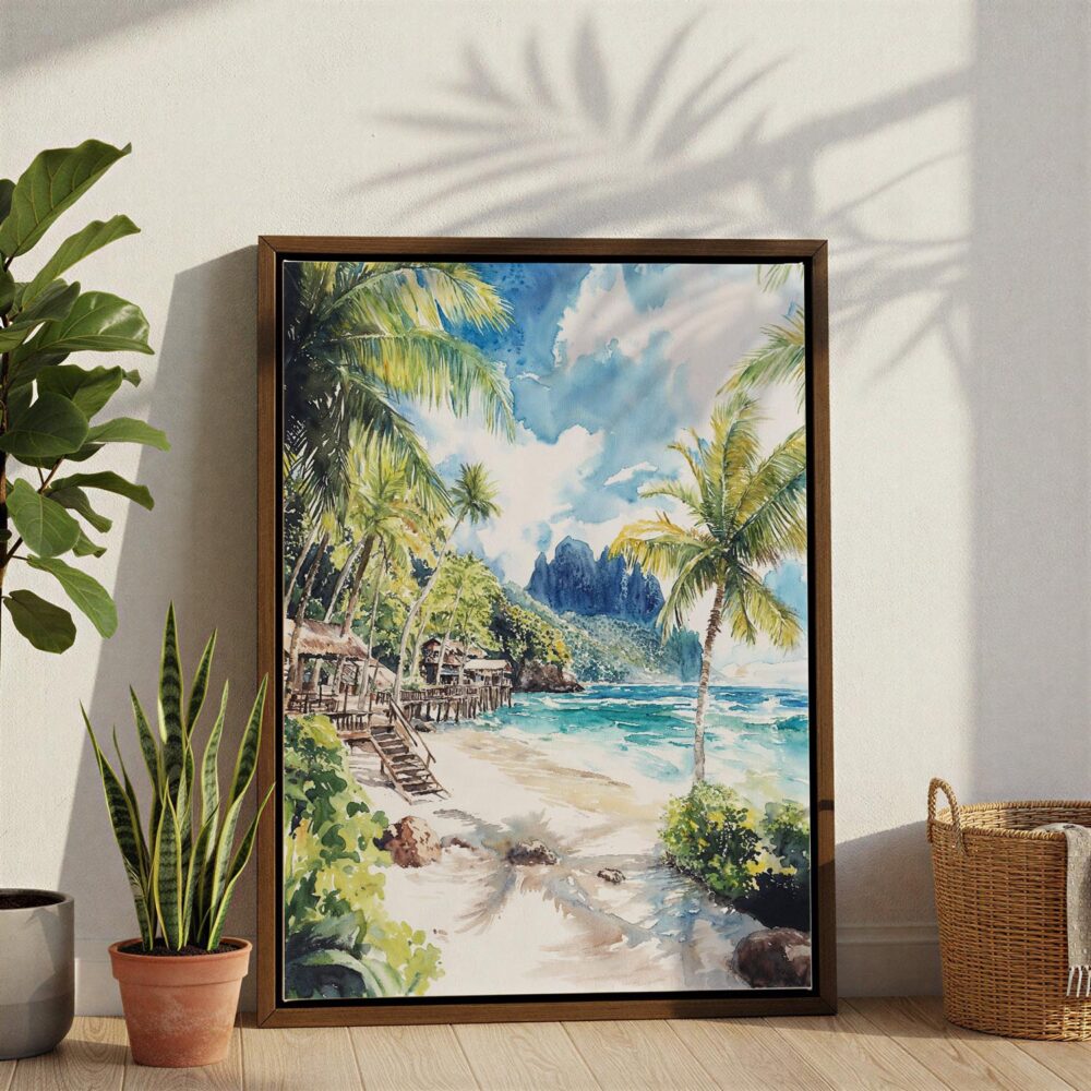 02 - American Samoa National Park Watercolor Canvas Print with Brown Floater Frame - Standing on Floor - Vertical.jpg 02 - American Samoa National Park Watercolor Canvas Print with Brown Floater Frame - Standing on Floor - Vertical.jpg