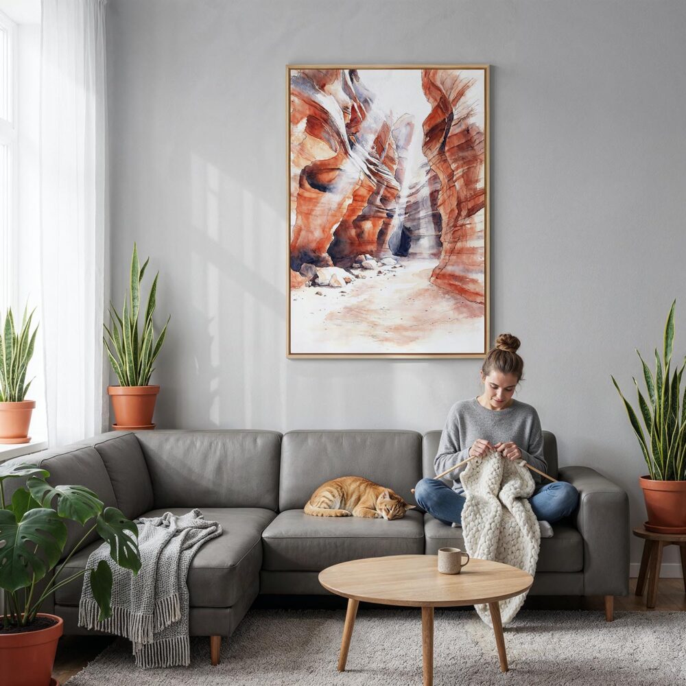 02 - Antelope Canyon Watercolor Canvas Print with Natural Floater Frame - Woman Knitting on grey couch - Vertical.jpg 02 - Antelope Canyon Watercolor Canvas Print with Natural Floater Frame - Woman Knitting on grey couch - Vertical.jpg