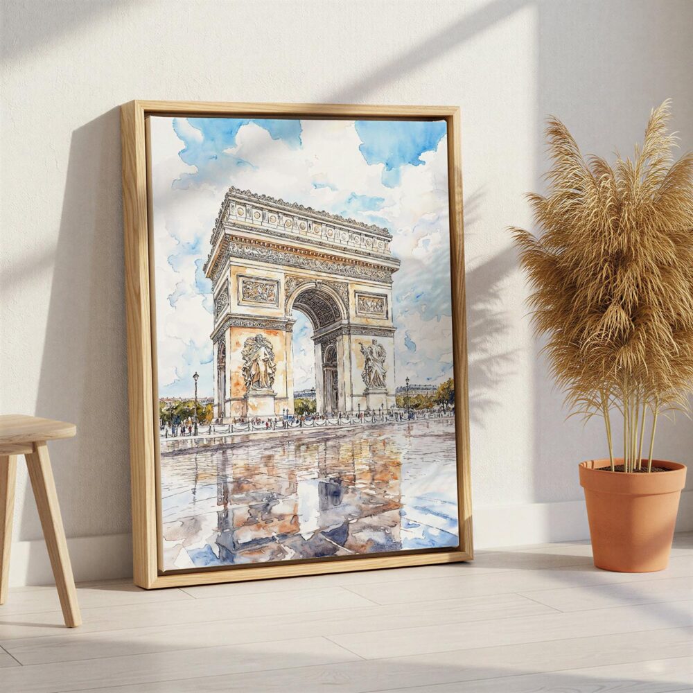 02 - Arc De Triomphe watercolor Canvas Print with Natural Floater Frame - Standing on Floor - Vertical.jpg 02 - Arc De Triomphe watercolor Canvas Print with Natural Floater Frame - Standing on Floor - Vertical.jpg