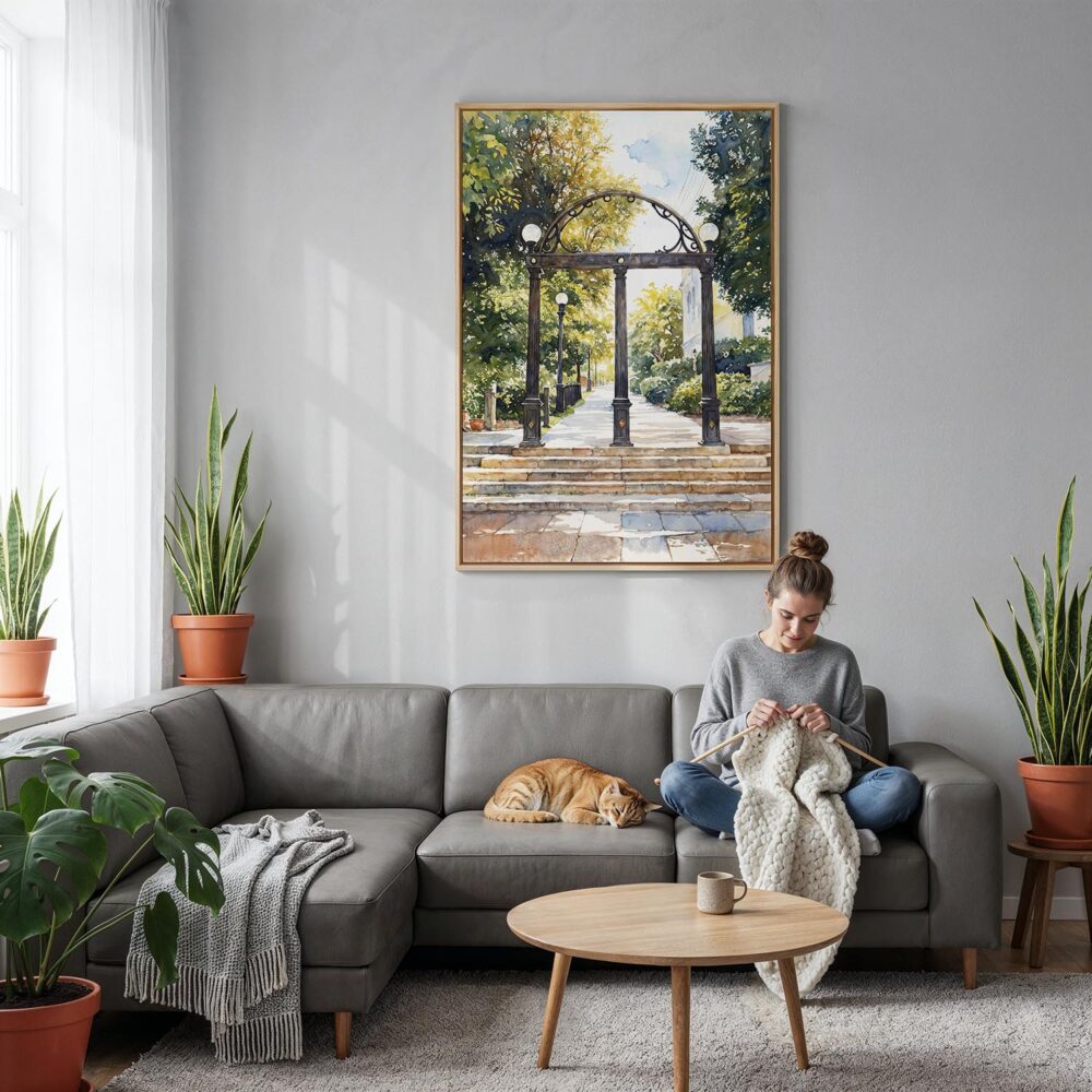 02 - Athes Georgia Arch Watercolor Canvas Print with Natural Floater Frame - Woman Knitting on grey couch - Vertical.jpg 02 - Athes Georgia Arch Watercolor Canvas Print with Natural Floater Frame - Woman Knitting on grey couch - Vertical.jpg