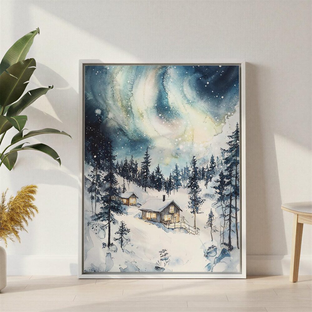 02 - Aurora Lapland Finland Watercolor Canvas Print with White Floater Frame - Standing on Floor - Vertical.jpg 02 - Aurora Lapland Finland Watercolor Canvas Print with White Floater Frame - Standing on Floor - Vertical.jpg