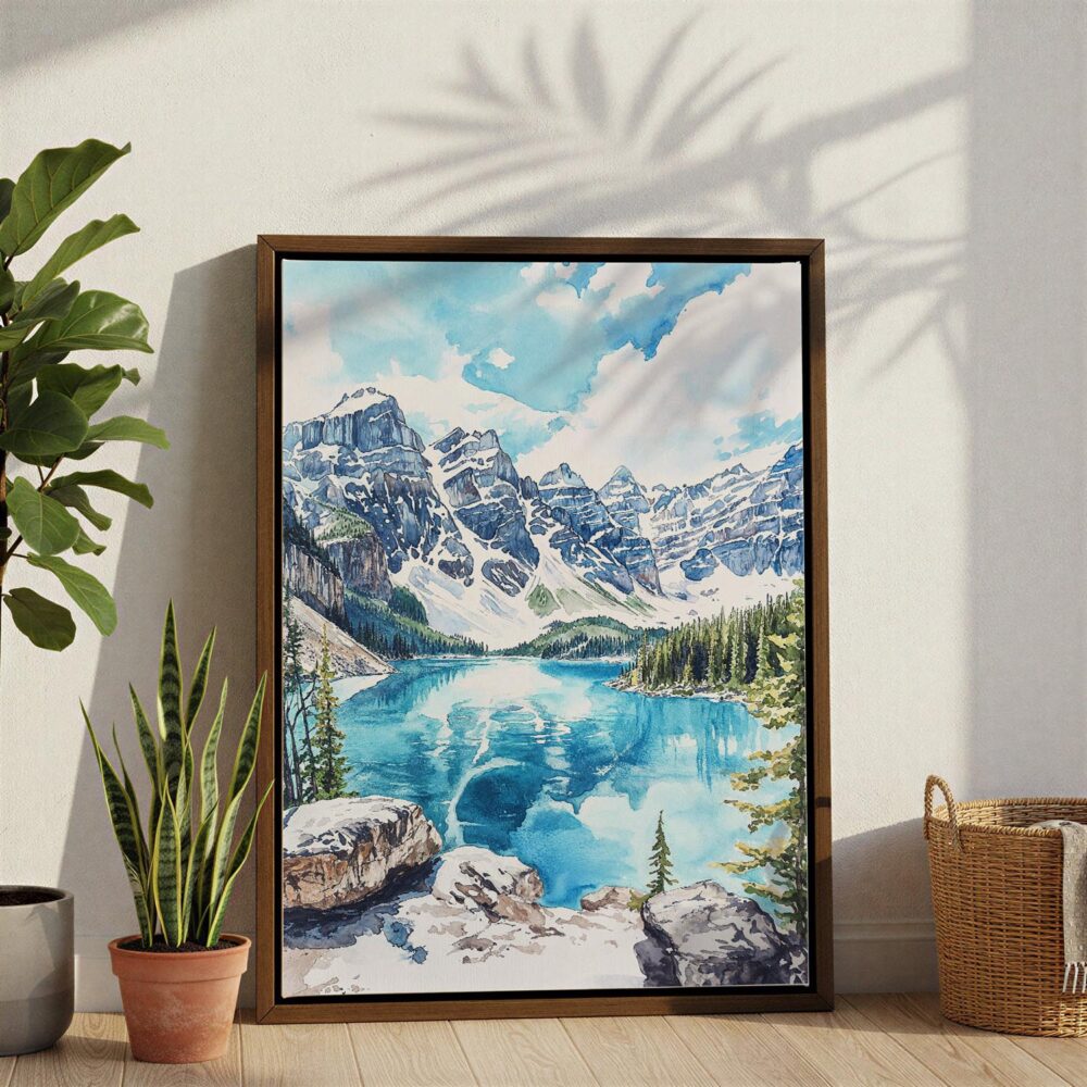 02 - Banff National Park Watercolor Canvas Print with Brown Floater Frame - Standing on Floor - Vertical.jpg 02 - Banff National Park Watercolor Canvas Print with Brown Floater Frame - Standing on Floor - Vertical.jpg