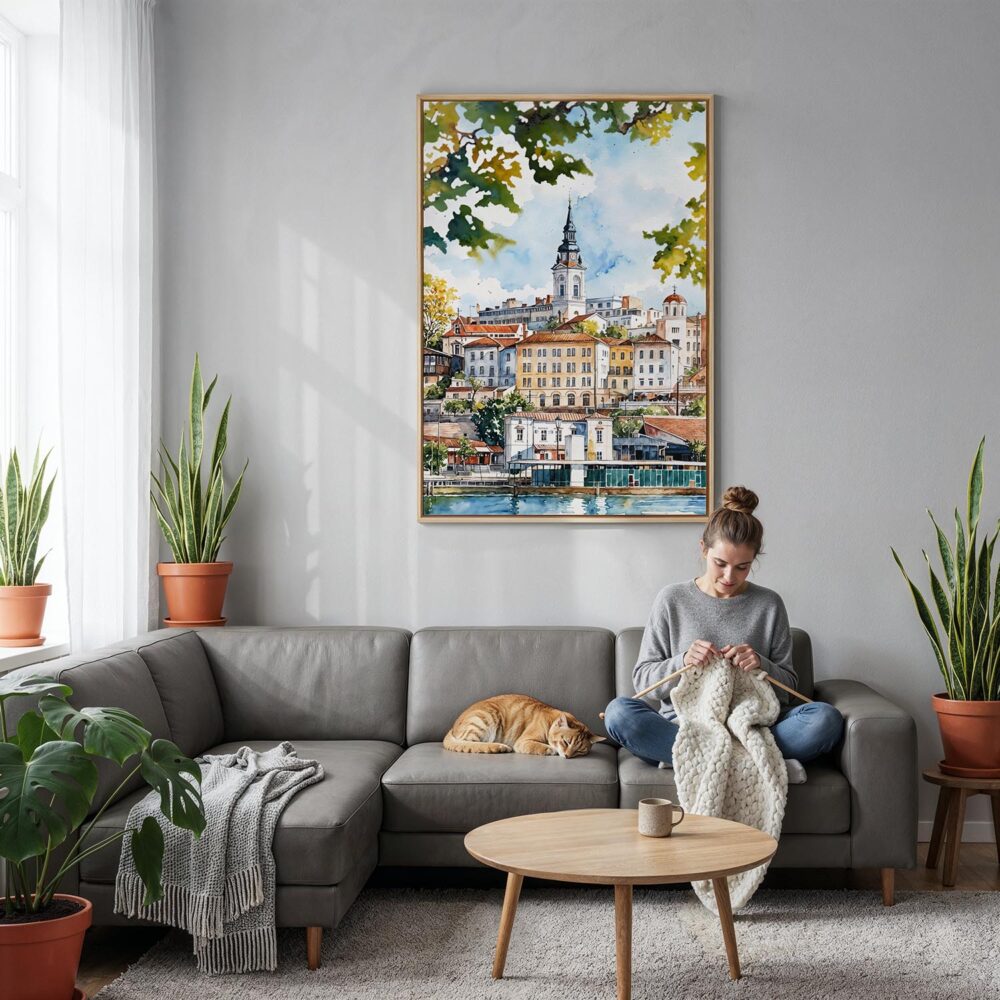 02 - Belgrade Watercolor Canvas Print with Natural Floater Frame - Woman Knitting on grey couch - Vertical.jpg 02 - Belgrade Watercolor Canvas Print with Natural Floater Frame - Woman Knitting on grey couch - Vertical.jpg
