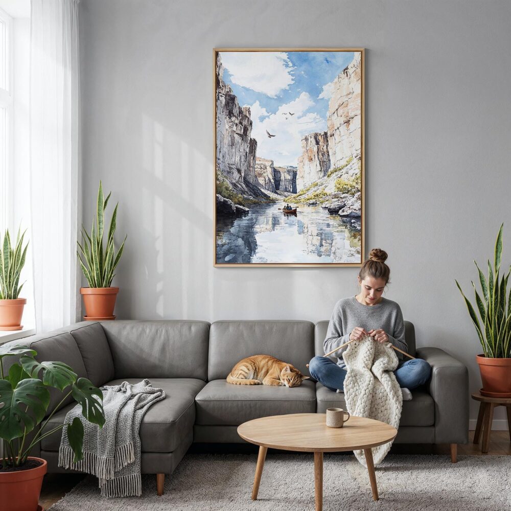 02 - Big Bend National Park Watercolor Canvas Print with Natural Floater Frame - Woman Knitting on grey couch - Vertical.jpg 02 - Big Bend National Park Watercolor Canvas Print with Natural Floater Frame - Woman Knitting on grey couch - Vertical.jpg