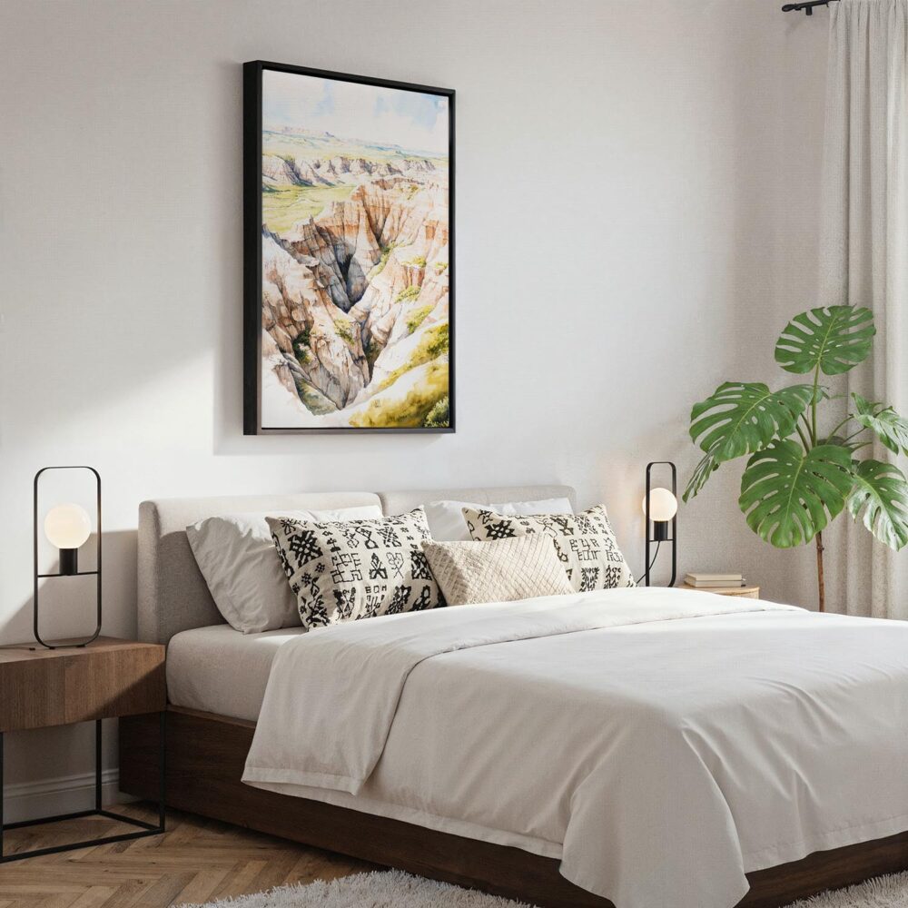 02 - Black Framed Badlands Watercolor Canvas Print - Bedroom - Vertical.jpg 02 - Black Framed Badlands Watercolor Canvas Print - Bedroom - Vertical.jpg