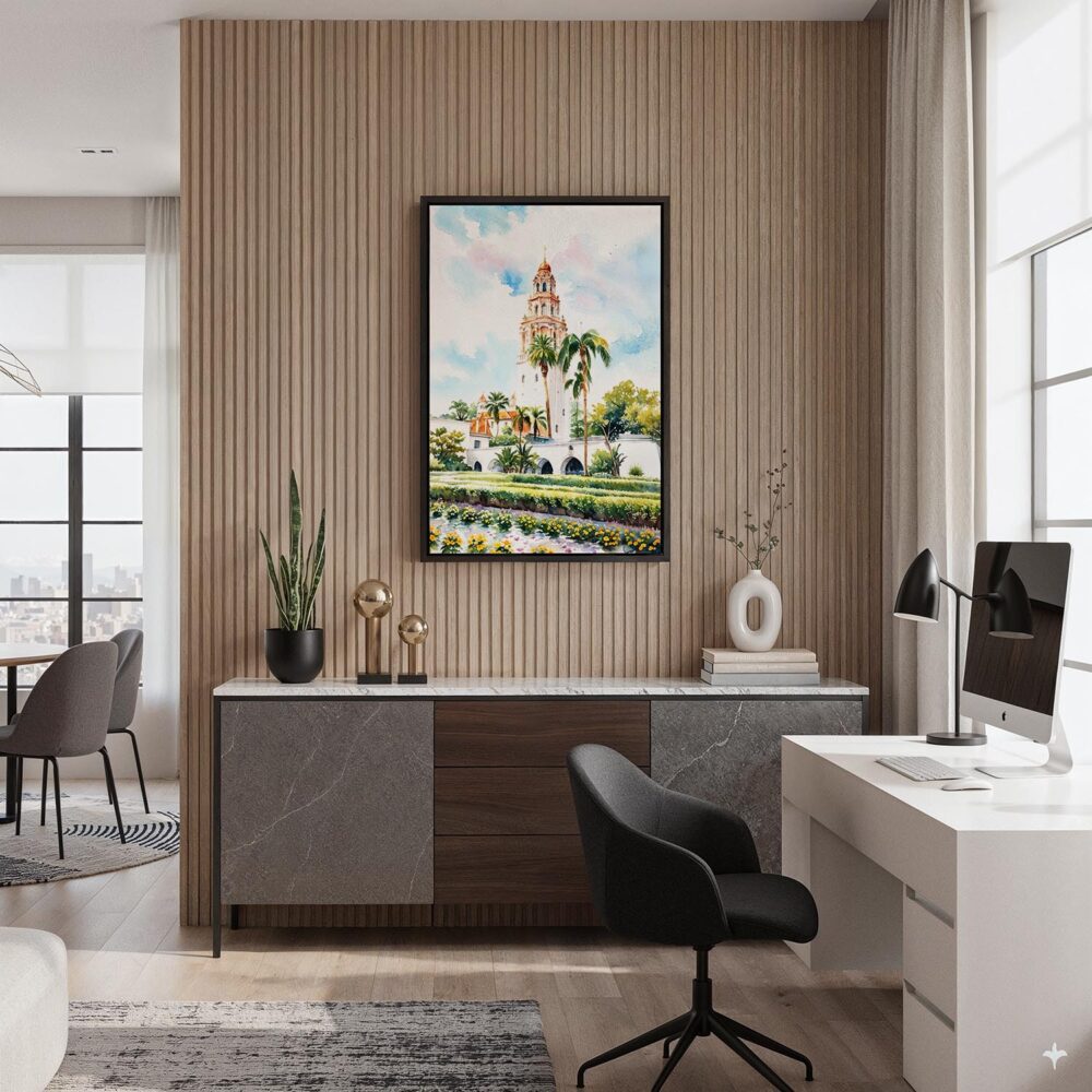 02 - Black Framed Balboa Park California Tower Watercolor Canvas Print - Home Office - Vertical.jpg 02 - Black Framed Balboa Park California Tower Watercolor Canvas Print - Home Office - Vertical.jpg