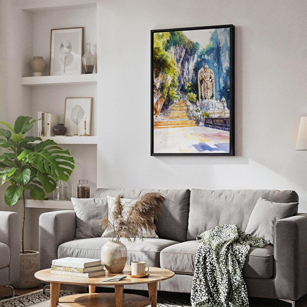 02 - Black Framed Batu Caves Watercolor Canvas Print - Skandinavian Living Room - Vertical.jpg 02 - Black Framed Batu Caves Watercolor Canvas Print - Skandinavian Living Room - Vertical.jpg