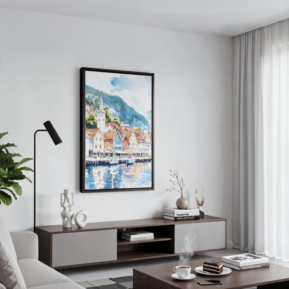 02 - Black Framed Bergen Norway Waterfront Watercolor Canvas Print - Contemporary Living Room - Vertical.jpg 02 - Black Framed Bergen Norway Waterfront Watercolor Canvas Print - Contemporary Living Room - Vertical.jpg