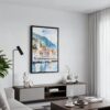 02 - Black Framed Bergen Norway Waterfront Watercolor Canvas Print - Contemporary Living Room - Vertical.jpg
