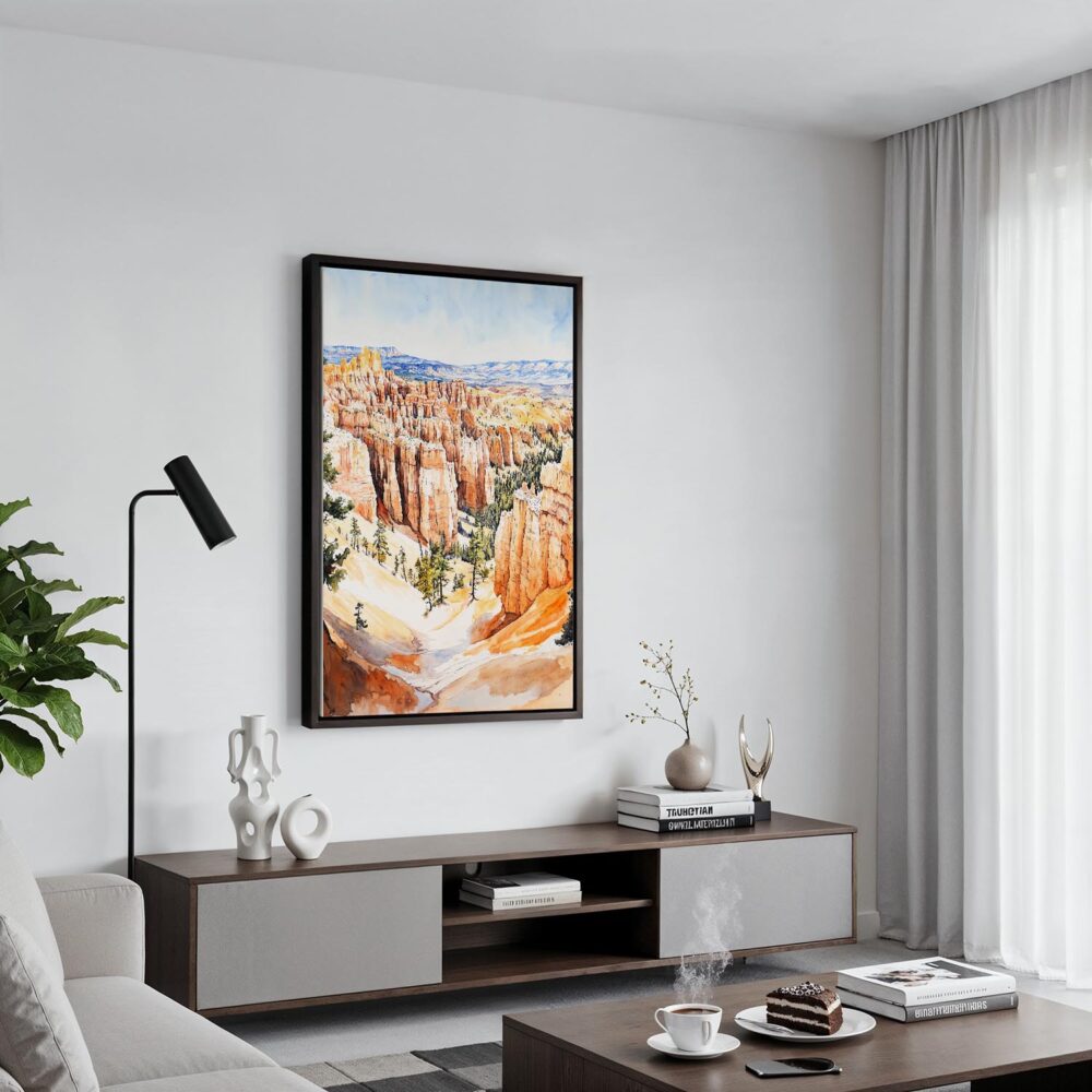 02 - Black Framed Bryce Canyon National Park Watercolor Canvas Print - Contemporary Living Room - Vertical.jpg 02 - Black Framed Bryce Canyon National Park Watercolor Canvas Print - Contemporary Living Room - Vertical.jpg