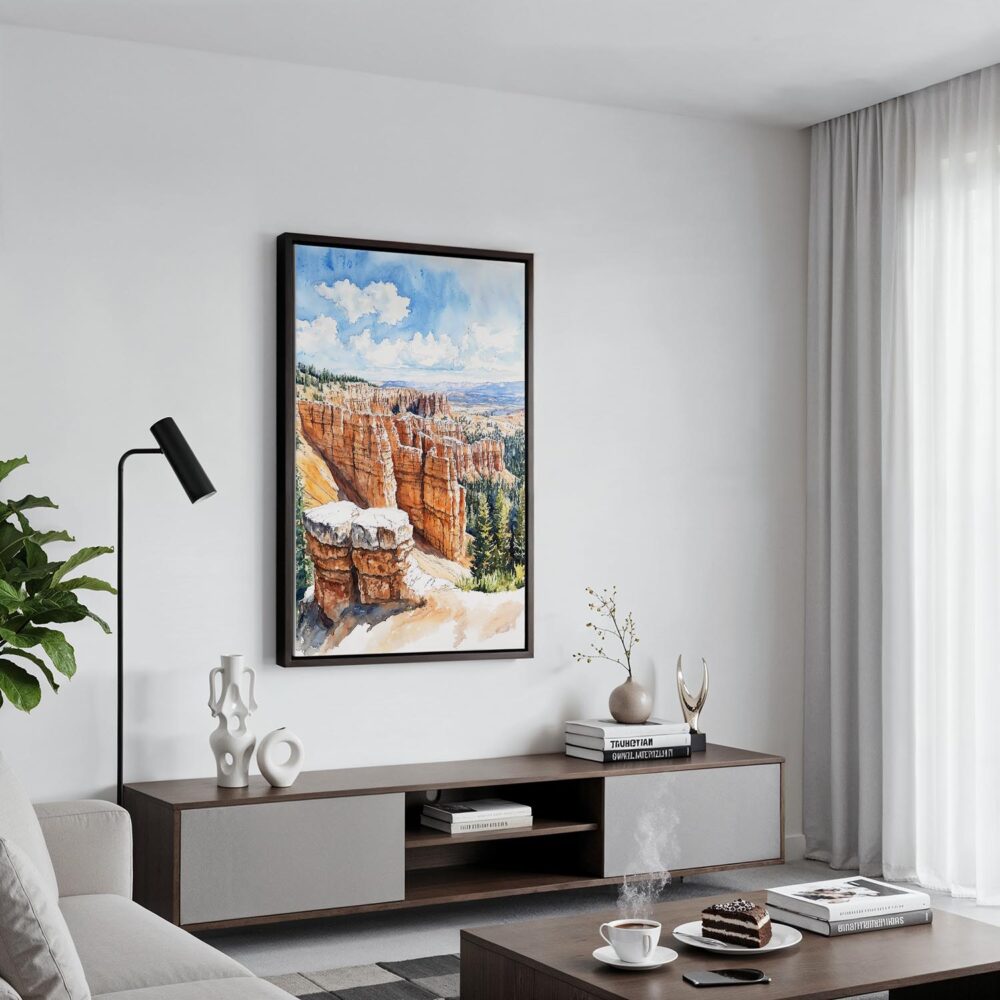 02 - Black Framed Bryce Canyon Watercolor Canvas Print - Contemporary Living Room - Vertical.jpg 02 - Black Framed Bryce Canyon Watercolor Canvas Print - Contemporary Living Room - Vertical.jpg