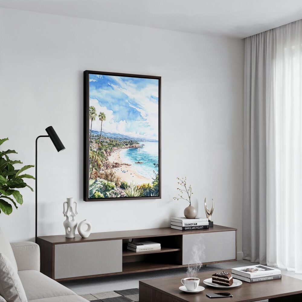 02 - Black Framed California Laguna Beach Watercolor Canvas Print - Contemporary Living Room - Vertical.jpg 02 - Black Framed California Laguna Beach Watercolor Canvas Print - Contemporary Living Room - Vertical.jpg