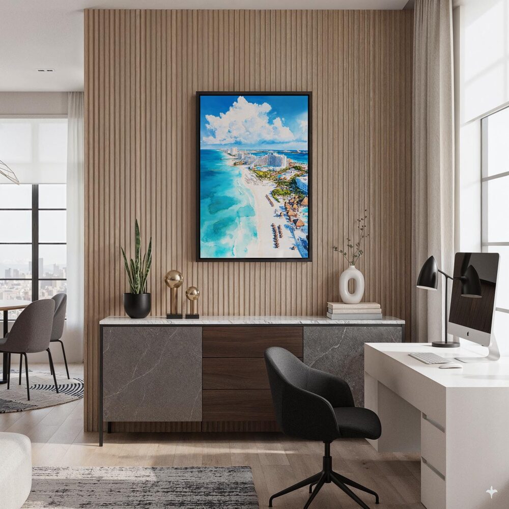 02 - Black Framed Cancun Mexico Watercolor Canvas Print - Home Office - Vertical.jpg 02 - Black Framed Cancun Mexico Watercolor Canvas Print - Home Office - Vertical.jpg