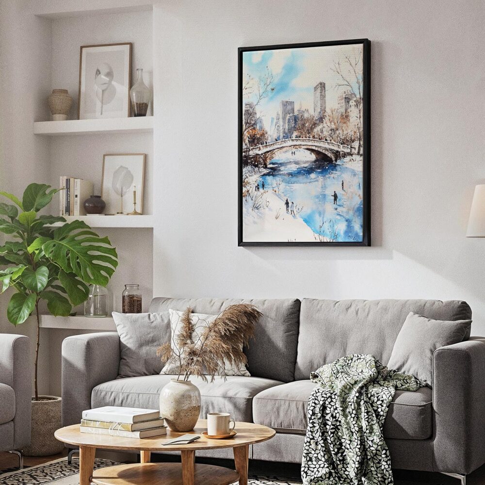 02 - Black Framed Central Park New York City Watercolor Canvas Print - Skandinavian Living Room - Vertical.jpg 02 - Black Framed Central Park New York City Watercolor Canvas Print - Skandinavian Living Room - Vertical.jpg