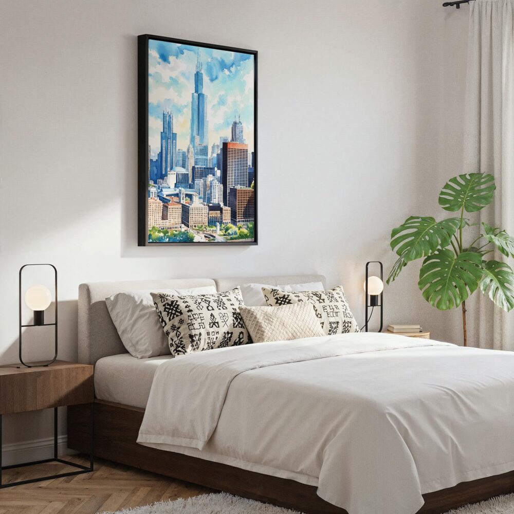 02 - Black Framed Chicago Willis Tower Watercolor Canvas Print - Bedroom - Vertical.jpg 02 - Black Framed Chicago Willis Tower Watercolor Canvas Print - Bedroom - Vertical.jpg