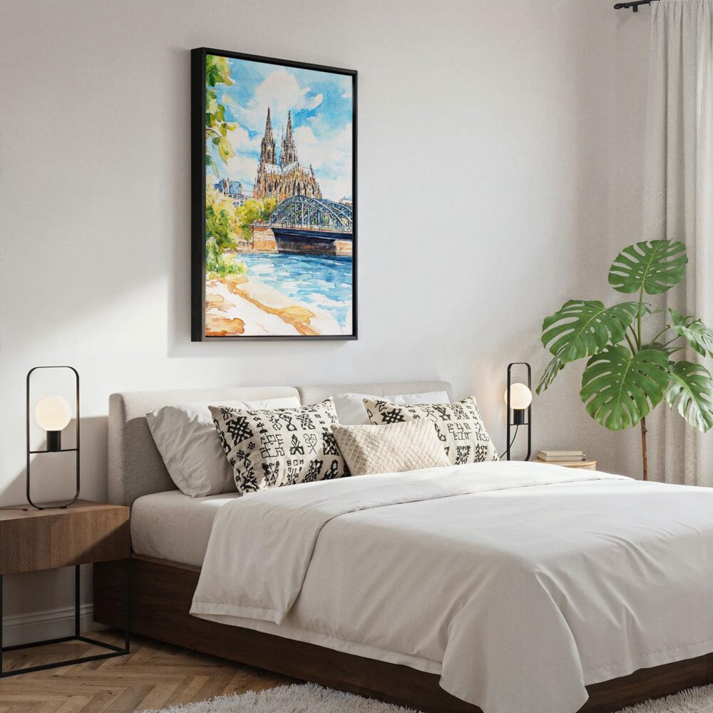 02 - Black Framed Cologne Cathedral Watercolor Canvas Print - Bedroom - Vertical.jpg 02 - Black Framed Cologne Cathedral Watercolor Canvas Print - Bedroom - Vertical.jpg