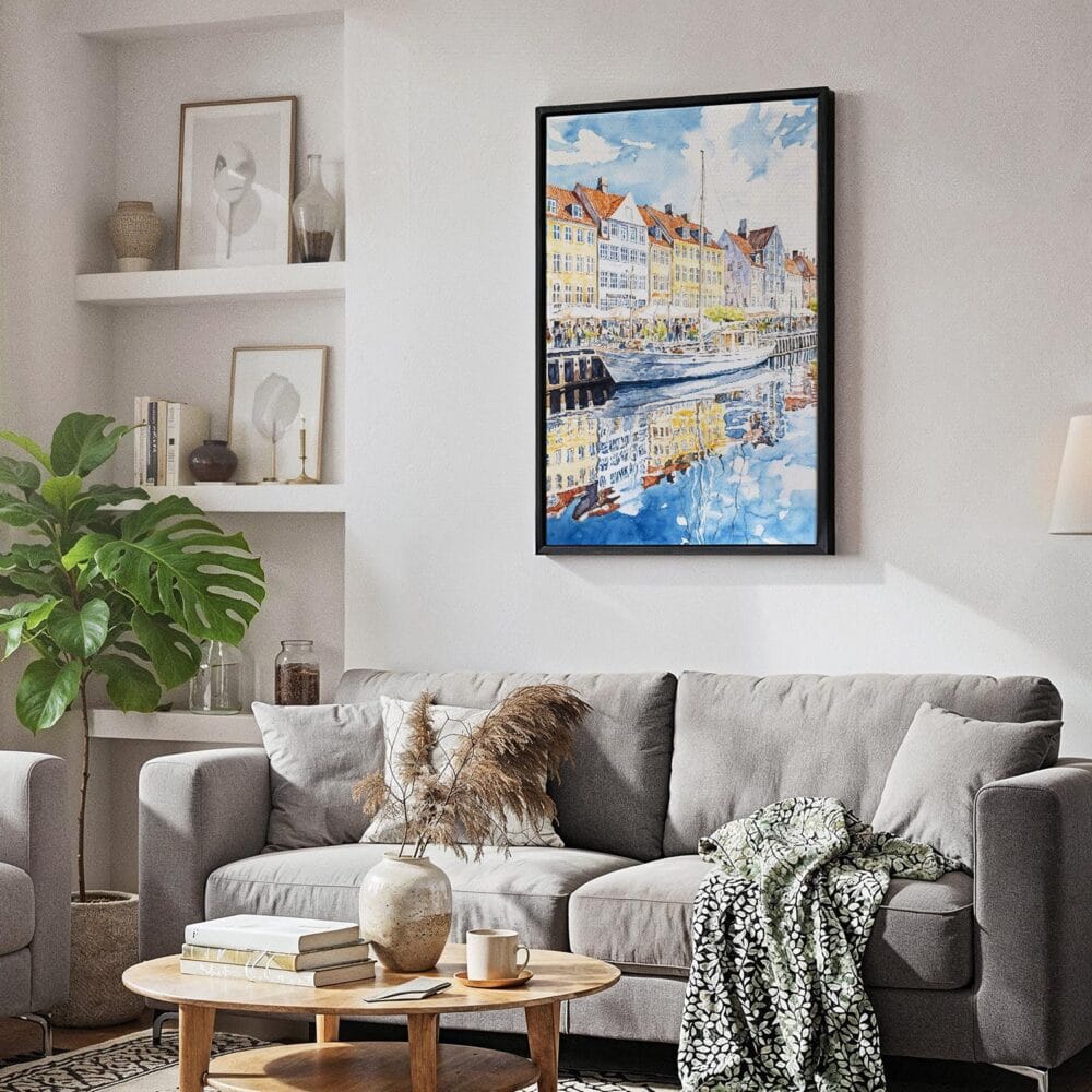 02 - Black Framed Copenhagen Denmark Watercolor Canvas Print - Skandinavian Living Room - Vertical.jpg 02 - Black Framed Copenhagen Denmark Watercolor Canvas Print - Skandinavian Living Room - Vertical.jpg