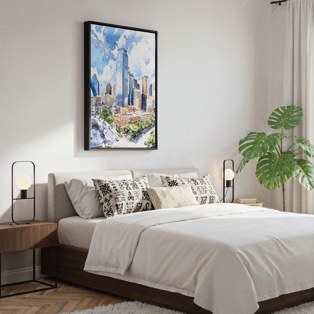 02 - Black Framed Dallas Texas Watercolor Canvas Print - Bedroom - Vertical.jpg 02 - Black Framed Dallas Texas Watercolor Canvas Print - Bedroom - Vertical.jpg