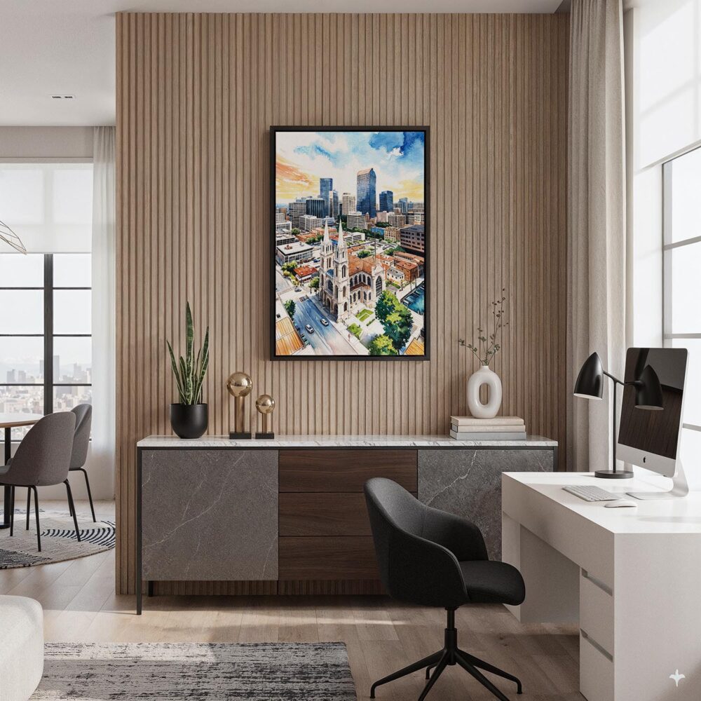 02 - Black Framed Denver Colorado Skyline Watercolor Canvas Print - Home Office - Vertical.jpg 02 - Black Framed Denver Colorado Skyline Watercolor Canvas Print - Home Office - Vertical.jpg
