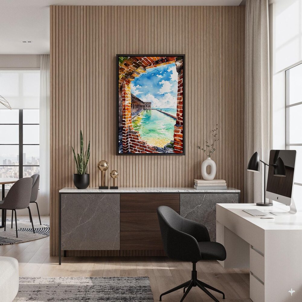 02 - Black Framed Dry Tortugas National Park Watercolor Canvas Print - Home Office - Vertical.jpg 02 - Black Framed Dry Tortugas National Park Watercolor Canvas Print - Home Office - Vertical.jpg