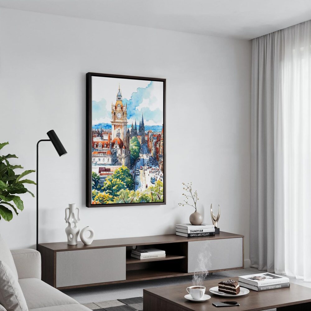 02 - Black Framed Edinburgh Skyline Watercolor Canvas Print - Contemporary Living Room - Vertical.jpg 02 - Black Framed Edinburgh Skyline Watercolor Canvas Print - Contemporary Living Room - Vertical.jpg