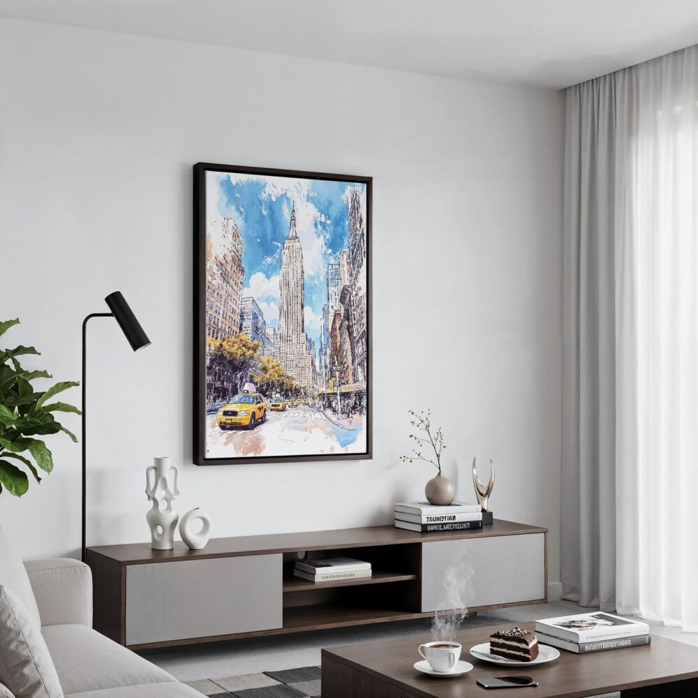 02 - Black Framed Empire State Building - Watercolor Canvas Print - Contemporary Living Room - Vertical.jpg 02 - Black Framed Empire State Building - Watercolor Canvas Print - Contemporary Living Room - Vertical.jpg