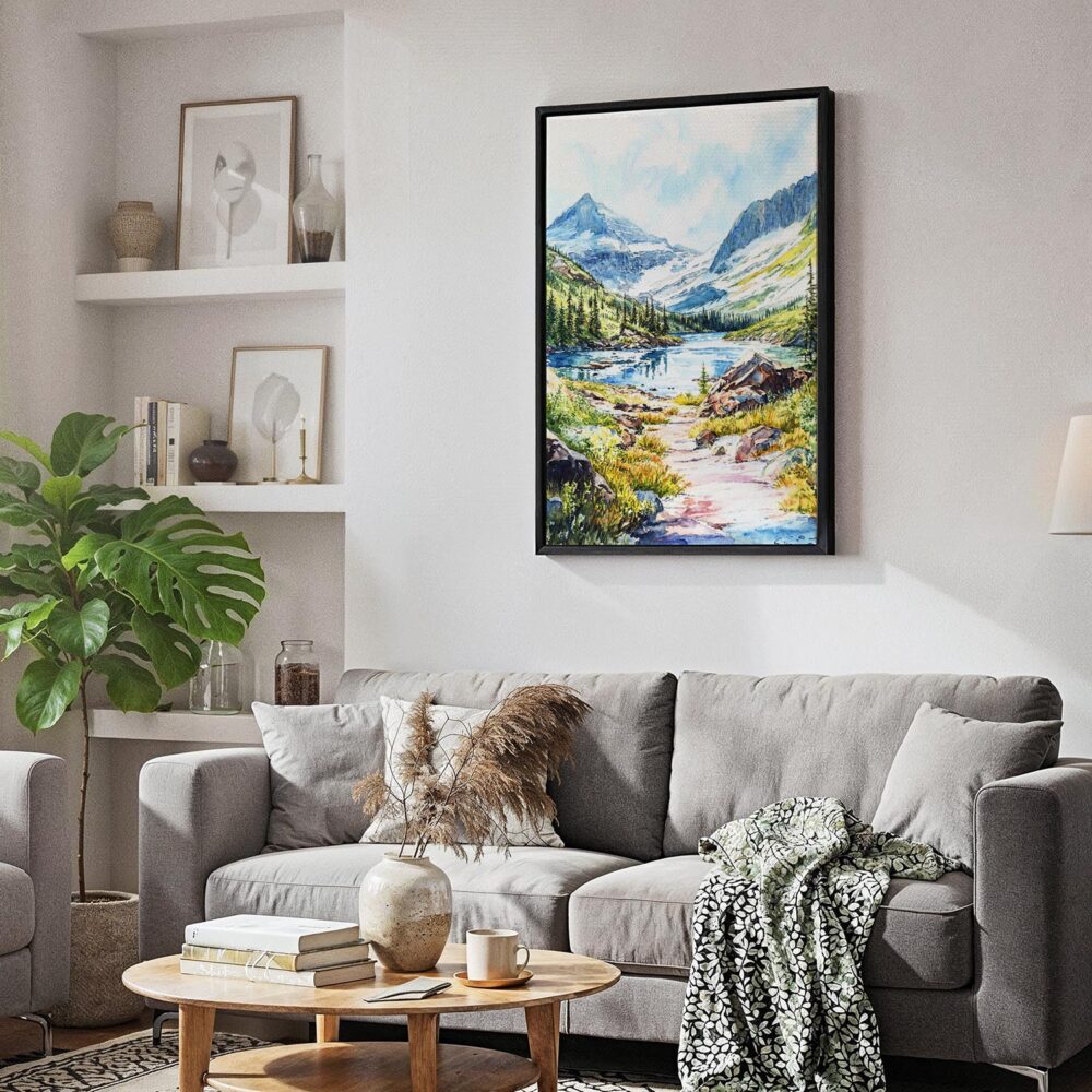 02 - Black Framed Glacier National Park Watercolor Canvas Print - Skandinavian Living Room - Vertical.jpg 02 - Black Framed Glacier National Park Watercolor Canvas Print - Skandinavian Living Room - Vertical.jpg