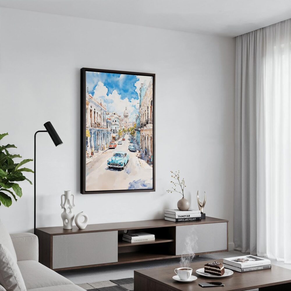 02 - Black Framed Havana Cuba Watercolor Canvas Print - Contemporary Living Room - Vertical.jpg 02 - Black Framed Havana Cuba Watercolor Canvas Print - Contemporary Living Room - Vertical.jpg