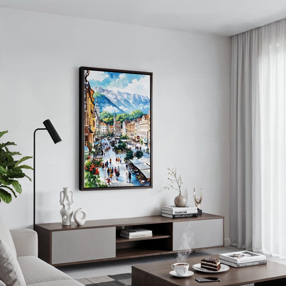 02 - Black Framed Innsbruck Watercolor Canvas Print - Contemporary Living Room - Vertical.jpg 02 - Black Framed Innsbruck Watercolor Canvas Print - Contemporary Living Room - Vertical.jpg
