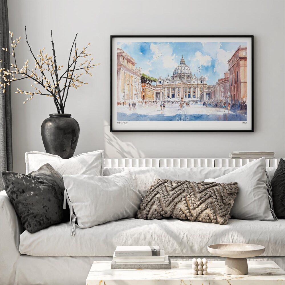 02 - Black Framed Italy Vatican Watercolor - Horizontal Art Print in Scandi Living Room Above Couch.jpg 02 - Black Framed Italy Vatican Watercolor - Horizontal Art Print in Scandi Living Room Above Couch.jpg