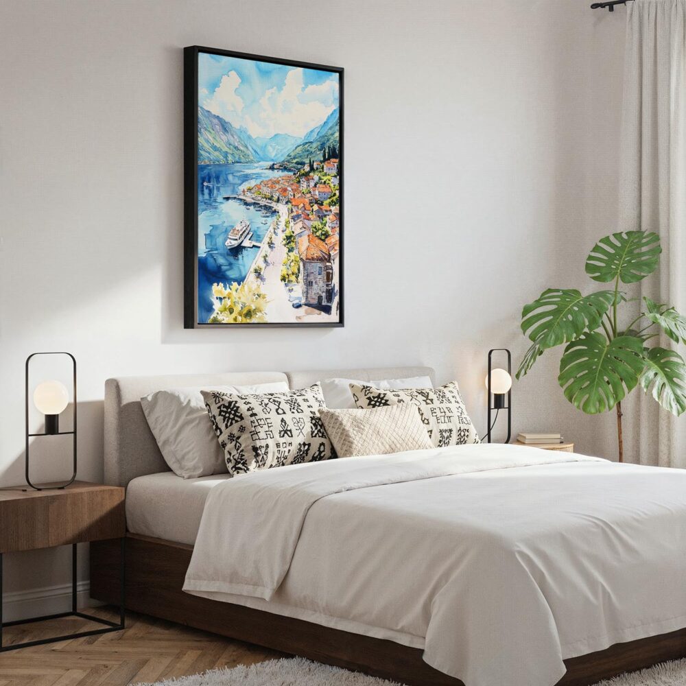 02 - Black Framed Kontor Montenegro Watercolor Canvas Print - Bedroom - Vertical.jpg 02 - Black Framed Kontor Montenegro Watercolor Canvas Print - Bedroom - Vertical.jpg