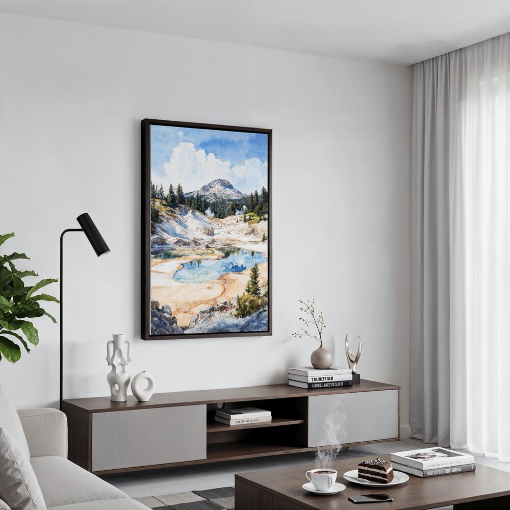 02 - Black Framed Lassen Volcanic National Park Watercolor Canvas Print - Contemporary Living Room - Vertical.jpg 02 - Black Framed Lassen Volcanic National Park Watercolor Canvas Print - Contemporary Living Room - Vertical.jpg